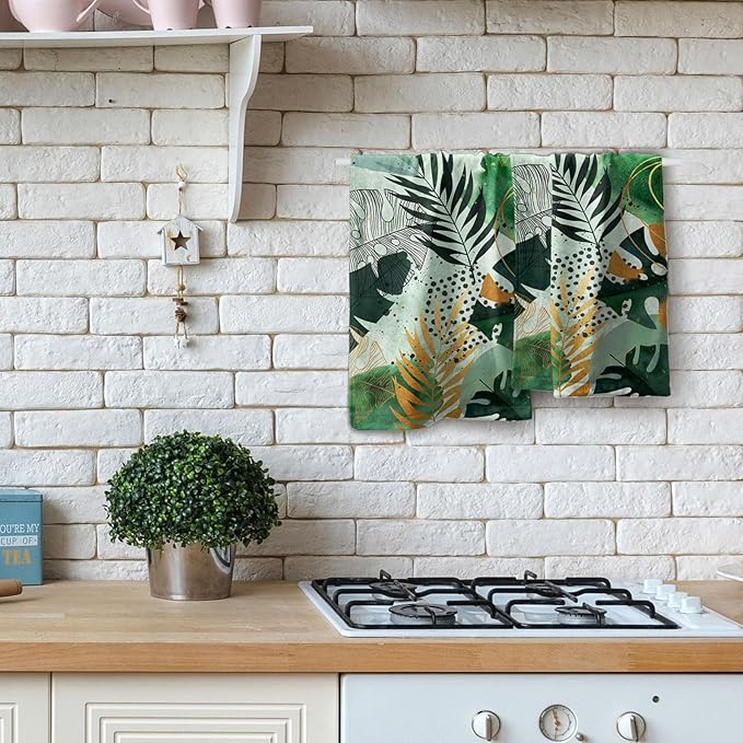 Imiss Tropical Palm Leaf Hand Towels Set of 2 Green Gold Boho Leaves Fingertip Small Bath Towels Dish Towel for Hotel Spa Gym Decor, 14.4 x 28.3 Inch