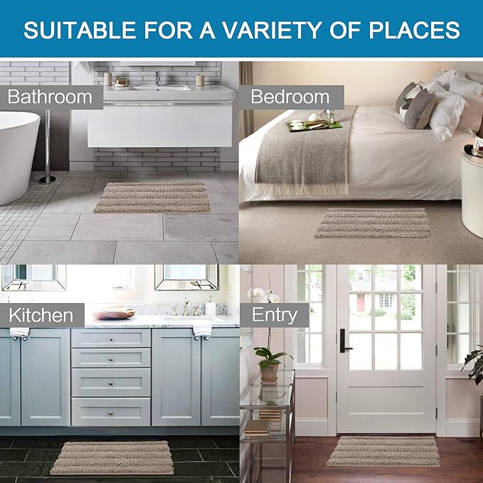 H.VERSAILTEX Bath Rugs for Bathroom Non Slip Bath Mats Extra Thick Chenille Striped Rug 20" x 32" Absorbent Non Skid Fluffy Soft Shaggy Washable Dry Fast Plush Mat for Indoor, Bath Room, Tub - Taupe