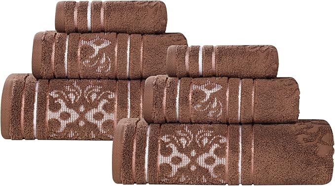 Superior Cotton 6 Piece Towel Set, 2 Bath, 2 Hand, 2 Washcloth/Face Towels, Quick Dry, Home Essentials, Shower, Spa, Luxury Plush Soft Absorbent Towels, Zero-Twist, Jacquard Floral, Chocolate