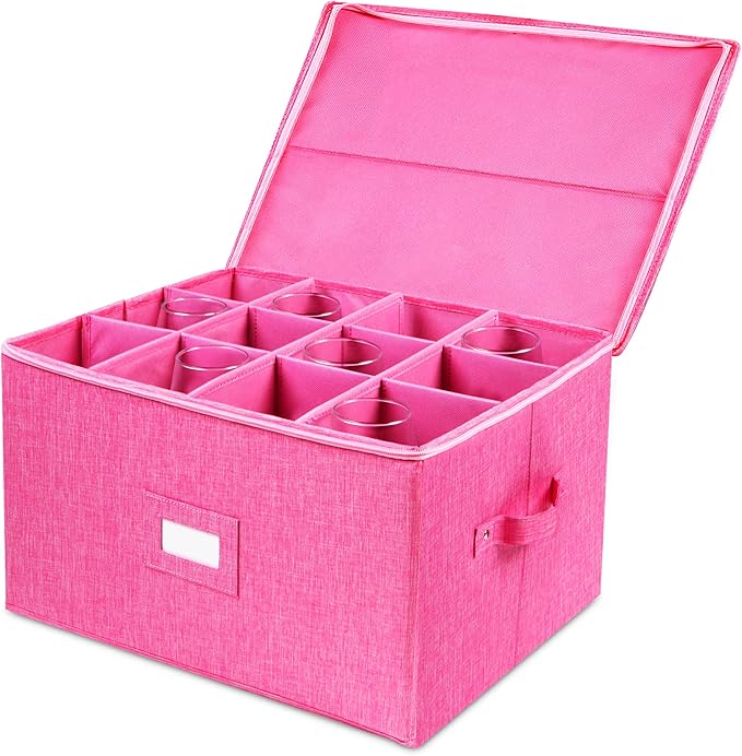 Stemware Storage Cases, Hard Shell Wine Glass Storage Box Containers with dividers for 12 Wine Glasses, Drinkware, Glassware or Crystal 17" x 13" x 10"H (Pink)
