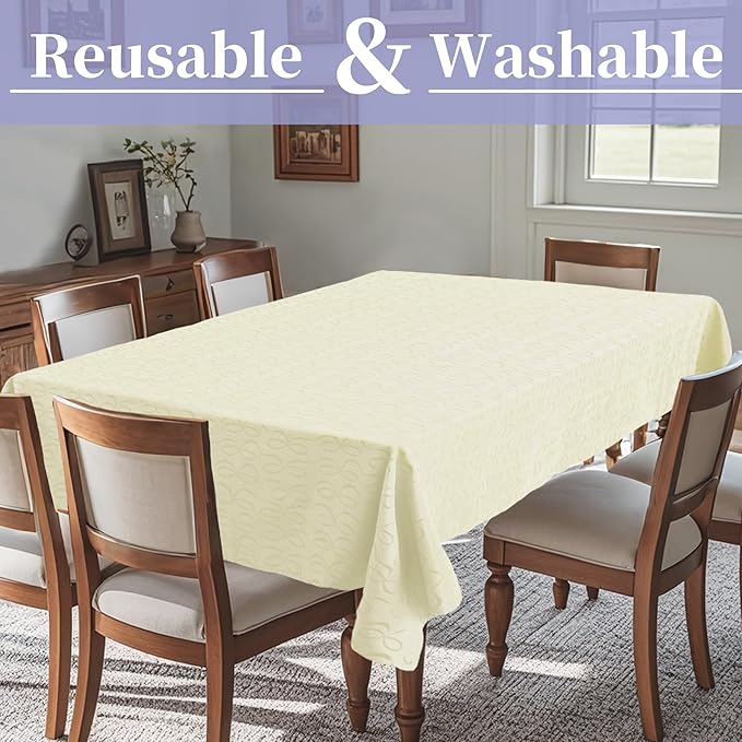Champagne Tablecloth (Seats 8-10), Jacquard Tablecloths for Rectangle Tables 60"x102" (5-7ft) - Cotton & Polyester Blended, Washable & Reusable, 1PC Cream Table Cover for Dinner & Banquet, Ivory Bows