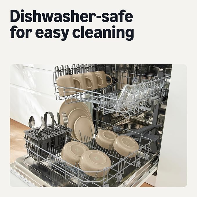 Amazon Basics Glazed Stoneware Dinner Plates, Ceramic 4-Piece Set, Microwave and Dishwasher-Safe, 10.5 in., Linen Gray