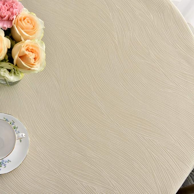 maxmill Round Jacquard Tablecloths Swirl Design Spillproof Wrinkle Free Heavy Weight Soft Table Cloth for Circular Table Cover of Buffet Banquet Parties Holiday Dinner Round 90 Inch Beige