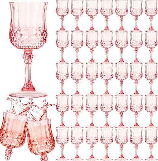 Pinkunn 50 Pcs 7 oz Plastic Vintage Wine Glasses Reusable Colored Goblets Patterned Drinking Water Glasses Cup Dishwasher Safe for Christmas Wedding Reception Party Supplies (Pink)