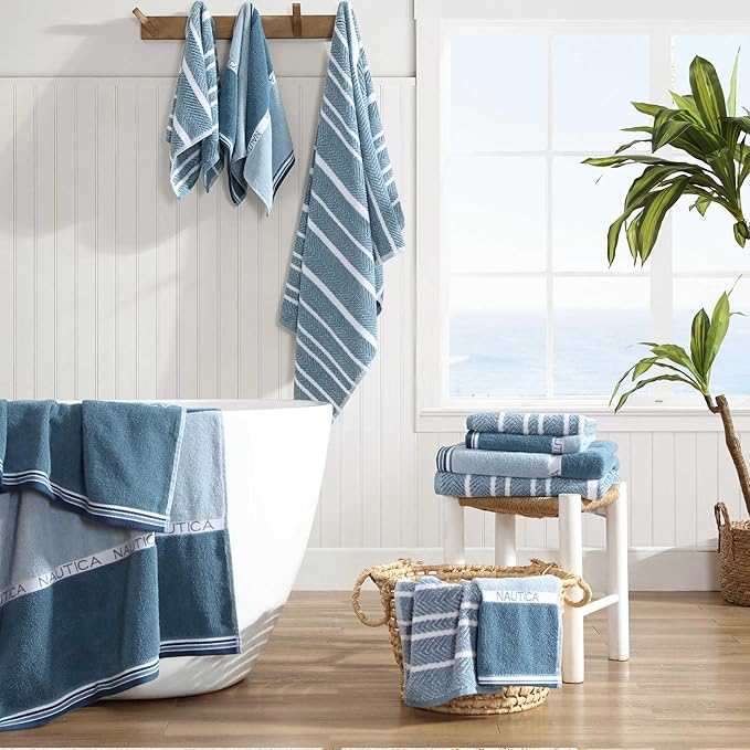 Nautica - Bath Towels, 100% Soft & Absorbent Plush Cotton Towels with Yarn Dye Loops, Medium Weight Bathroom Towels (Cruise Along Blue, 6 Piece)