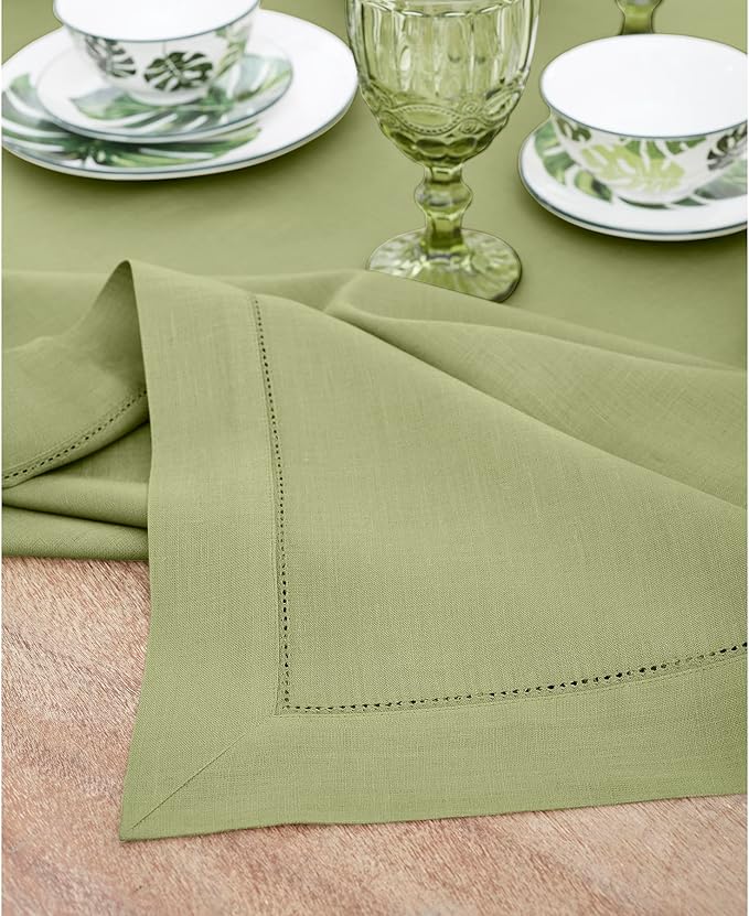 Solino Home Linen Tablecloth 60 x 132 Inch - Classic Hemstitch 100% Pure Linen Moss Green Table Cloth for Rectangle Tables - Machine Washable Tablecloth for Winter