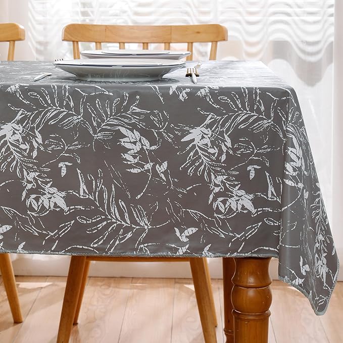 Walrus Heavy Duty Vinyl Tablecloth with Flannel Backing Waterproof Oil-Proof Plastic Table Cloth Stain-Resistant Wipeable Rectangle or Square Table Cover for Indoor and Outdoor (Grey Leaf,52x70 Inch)
