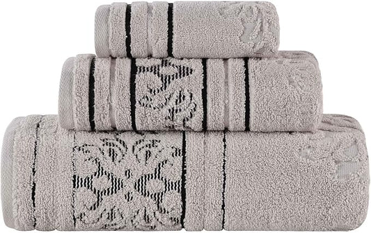 Superior Cotton 3 Piece Towel Set, Includes 1 Bath, 1 Hand, 1 Washcloth/Face Towel, Quick Dry, Home Essentials, Shower, Spa, Luxury Plush Soft Absorbent Towels, Zero Twist, Jacquard Floral, Platinum