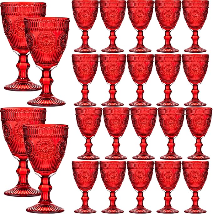 24 Pcs Red Vintage Wine Glasses Set, 10 Ounces Colored Glass Water Goblets, Unique Floral Embossed Pattern High Clear Stemmed Glassware Wedding Party Bar Drinking Cups Fancy Glasses Hand Wash Only