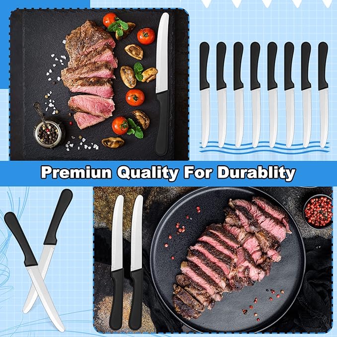Geelin 50 Pieces 8.5 Inch Rounded Serrated Blade Steak Knives Stainless Steel Round Tip Blade Steak Knife with Plastic Handle for Kitchen Butter Cutlery Restaurant(Black)