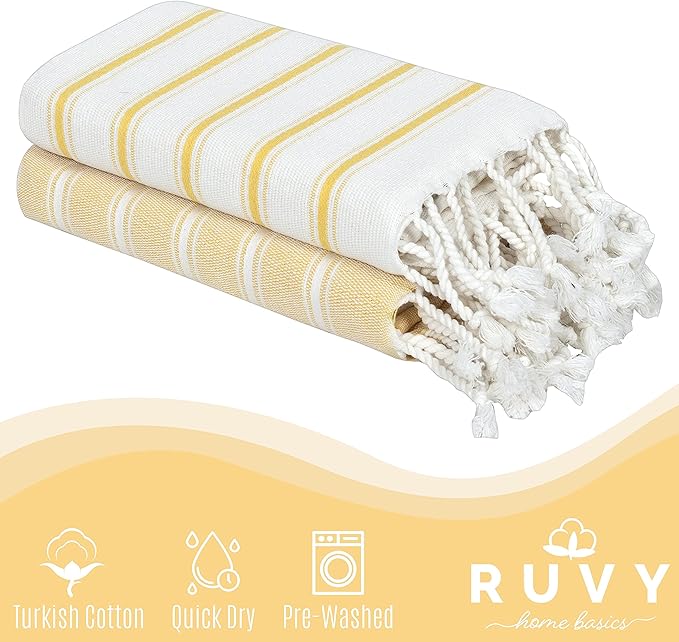 Ruvy Home Basics Turkish Hand Towels for Bathroom Set of 2 | 18"x40", Cotton | Decorative Towel for Bathroom, Kitchen, Dishcloth, Tea, Yoga, Face, Gym - Yellow