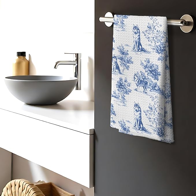 Chinoiserie Husky Dog Kitchen Towels,Blue and White Floral Botanical Husky Grandmillennial Weiner Dog Decorative Hand Towels for Kitchen Bathroom,16x24 Inch