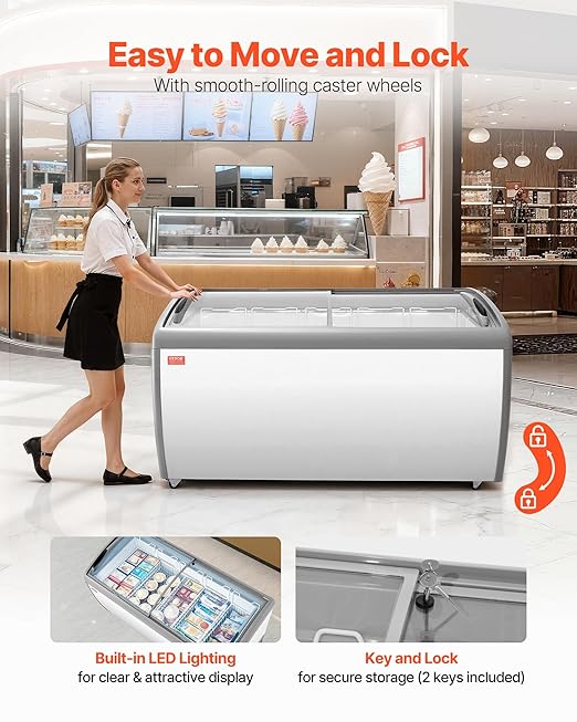 VEVOR Commercial Ice Cream Display Case, 16.3 Cu.ft Chest Freezer, -19 to 3℉ Temp Adjustable Mobile Top Deep Freezer with 5 Wire Baskets, 2 Sliding Glass Doors, Locking Casters & LED Strip Lighting
