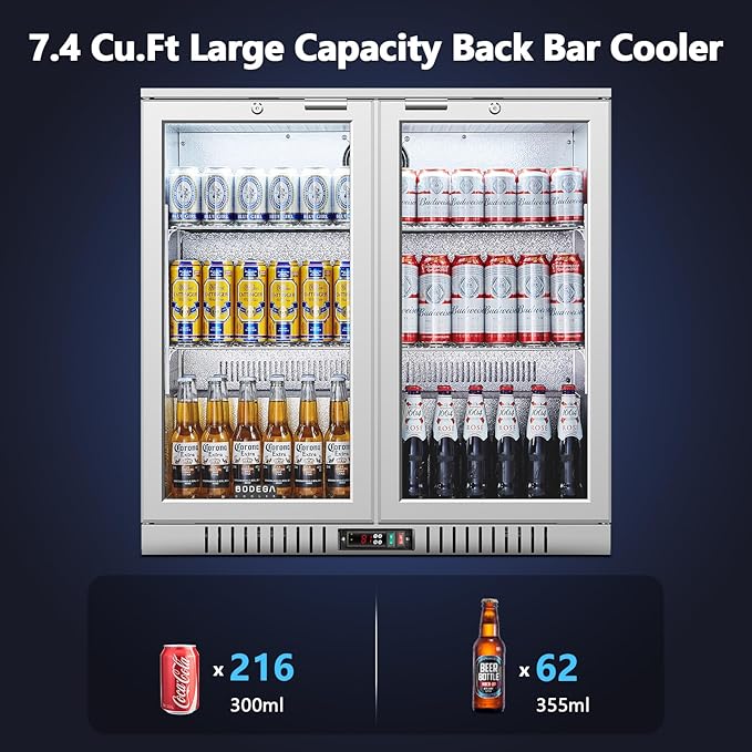 BODEGA BODEGACOOLER Back Bar Cooler With 2 Glass Doors,7.4 Cu.Ft Stainless Steel Commercial Back Bar Fridgewith LED Lighting, Counter Height Bar Beverage Cooler for Beer,Soda Drinks,Wine