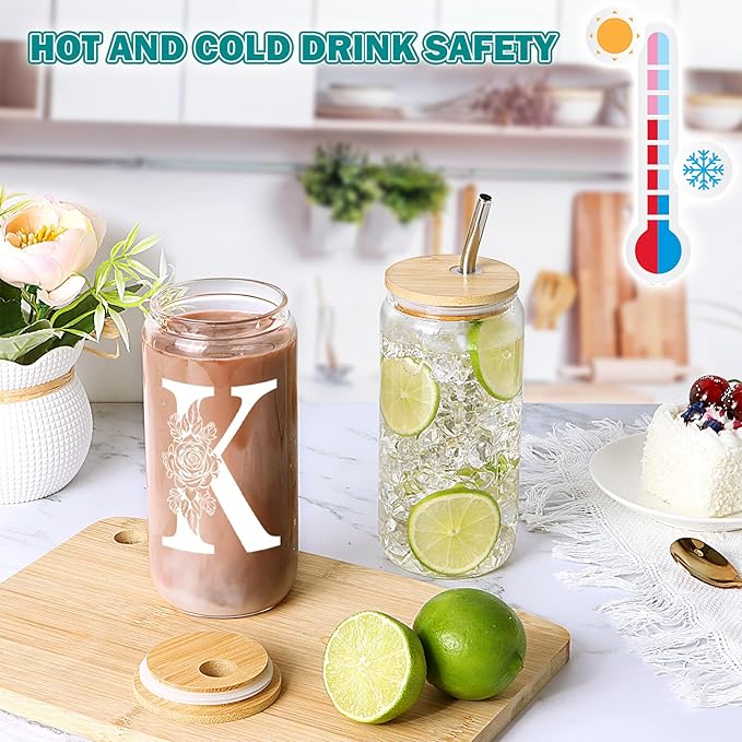 K Coffee Iced Cute Glass Cups with Lids and Straws - Personalized Monogrammed Gifts for Sister, Mom, Friend, Wife - Birthday, Christmas, Mother's Day, Thank You Gift Ideas 2024