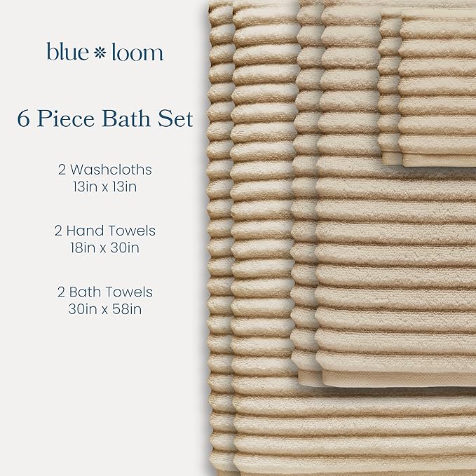 Blue Loom Ribbed Bath Towels Set, 100% Cotton 600GSM, Soft Absorbent Durable 2 Bath Towels, 2 Hand Towels, 2 Wash Cloths for Bathroom - Mason (58" x 30" inch Towels) (Ivory, 6 Piece)