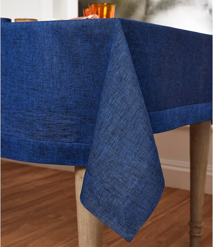 Solino Home Linen Tablecloth 60 x 108 Inch - 100% Pure Linen Royal Blue Table Cloth for Rectangular Tables - Athena, Machine Washable Cloth Tablecloth for New Year