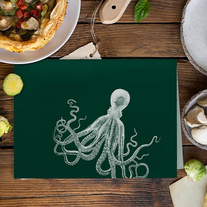 Coastal Octopus Decor Dish Hand Tea Towels for Bathroom Kitchen, Octopus Gothic Witchy Bathroom Decor, Oddities and Curiosities, Dark Green Kitchen Towels and Dishcloths Sets of 2, 16x24 Inch