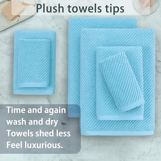 Towels for Bathroom - 100% Cotton | Quick Dry | Lightweight | Thick | Soft, Towel Set of 6, 2 Large Bath 30"x56", 2 Hand 18"x28", 2 Wash Cloths 13"x13", Luxury Towel Gift Set, Blue Towels Bathroom Set