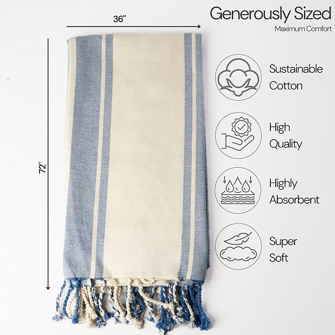 Salt Earth Cotton Turkish Beach Towel, Set of 3-36" X72" Large Bath Towels, Quick Dry Towel, Bathroom, Beach Essentials, Gym, Lightweight Large Towels for All (One Colour Stripe)