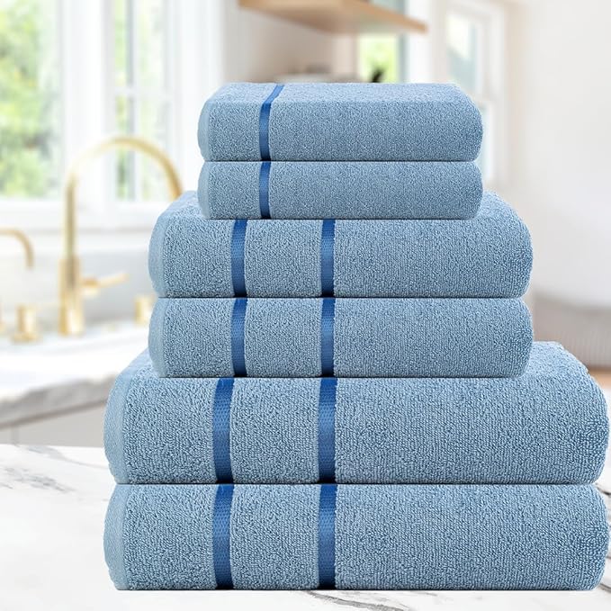 CASA COPENHAGEN Eternal 6 Pieces Towel Set- Dusty Blue, 500 GSM 2 Bath Towel 2 Hand Towel 2 Washcloth, Designed in Denmark Made of Soft Egyptian Cotton for Bathroom, Kitchen & Shower