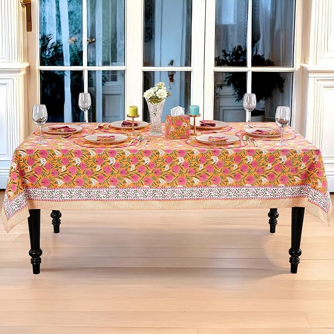 Ridhi Bubblegum Pink Hand Block Print Cotton Rectangle Tablecloth 120" x 60" inches Reusable Table Cover Decorative Everyday Use for Dining, Farmhouse, Home, Party, Festive, Wedding, Fall