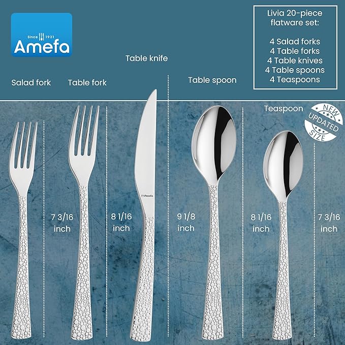 Amefa Livia Ronda 20-Piece Flatware, Set for 4 – Stainless Steel Silverware, High-Gloss Mirror Finish, Rust-Resistant Cutlery, Forks, Knives, Spoons, Salad Forks & Teaspoons for Modern Tableware