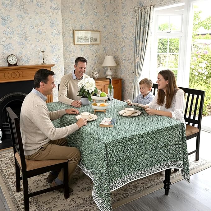 Ridhi - Basil Green, Peacock Blue Hand Block Print Cotton Cloth Dinning Table Cover Wedding Farmhouse Thanks Giving Christmas Spring Tablecloth (14 Seater 72X160 Inch Rectangle)