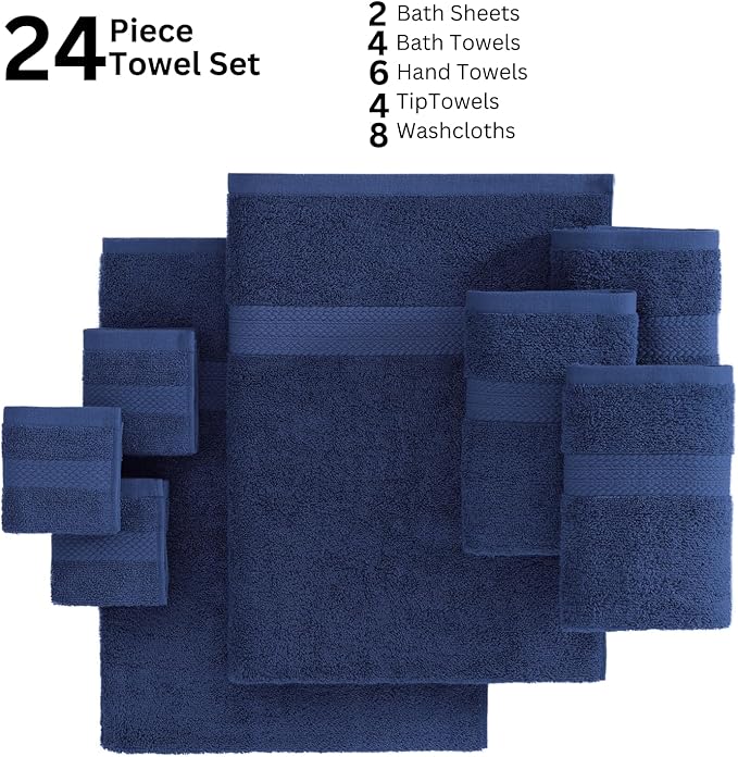 LANE LINEN 24 PCs Bath Towel Set - 2 Bath Sheets, 4 Bath Towels, 4 Fingertip, 8 Washcloths, 6 Hand Towels - 100% Ring Spun Cotton - Highly Absorbent Towels for Bathroom, Gym, Hotel & Spa - Navy Blue
