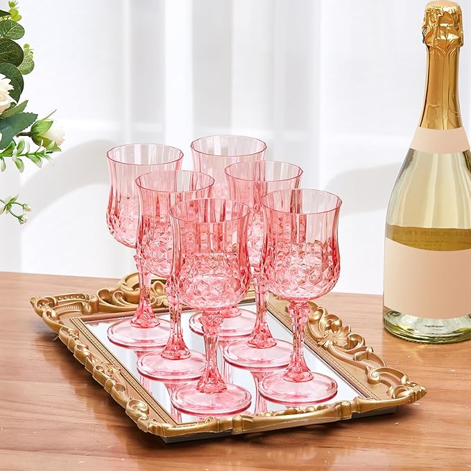 Pinkunn 12 Pcs 7 OZ Plastic Vintage Wine Glasses Reusable Colored Goblets Patterned Drinking Water Glasses Cup Dishwasher Safe for Halloween Wedding Reception Party Supplies (Pink)