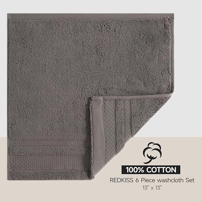 REDKISS Luxury Washcloths for Showering, 13x13 inch, 100% Cotton Premium Wash Cloths Set of 6, Super Soft and Highly Absorbent Face Towels for Bathroom, Spa, Gym and Hotel, Brown