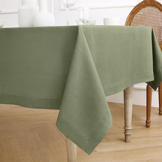 Solino Home Linen Tablecloth 60 x 108 Inch - 100% Pure Linen Oil Green Table Cloth for Rectangle Tables - Fete, Machine Washable Tablecloth for New Year