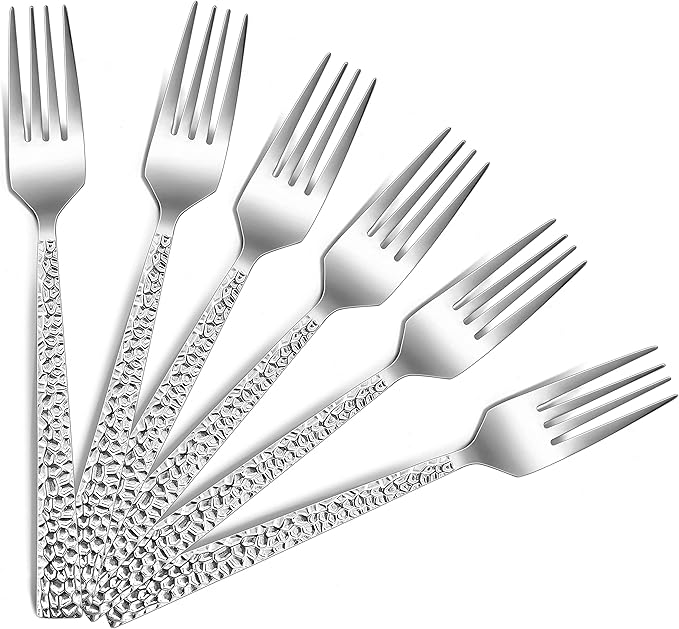 Salad Forks Set of 6, E-far 6.7 Inch Stainless Steel Hammered Dessert Forks for Home, Kitchen or Restaurant, Non-toxic & Mirror Polished, Squared Edge & Dishwasher Safe