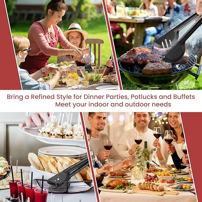 Patelai 8 Pieces Christmas Stainless Steel Black Serving Utensils Set 8.7" Large Spoons and Slotted Spoon 9.45" Tong 9" Forks Flatware Wedding Party Buffet Banquet Cooking Kitchen Catering