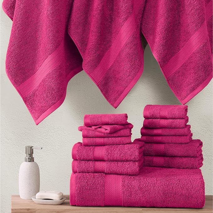 LANE LINEN 100% Cotton Bathroom Towels Set - 24 PCs - Quick Dry, Soft & Absorbent - Genlte On Skin - 4 Bath, 4 Fingertip, 6 Hand Towel, 8 Washcloths, 2 Bath Sheets for Her - Fuchsia