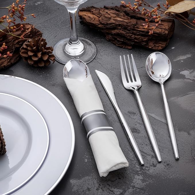 SUT 100 Pack Pre Rolled Silverware Set Disposable, 400 Pcs Silver plastic utensils Include 100 Forks, 100 Knives, 100 Spoons, 100 Napkins, Plastic Cutlery, Wrapped Silverware Set Disposable for Party