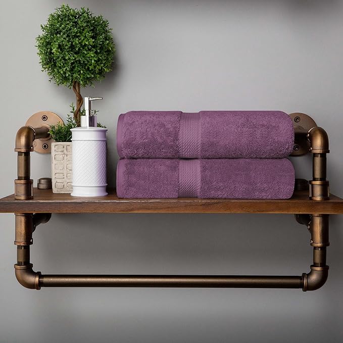 Superior Egyptian Cotton Pile Bath Towel Set of 2, Ultra Soft Luxury Towels, Thick Plush Essentials, Absorbent Heavyweight, Guest Bath, Hotel, Spa, Home Bathroom, Shower Basics, Plum