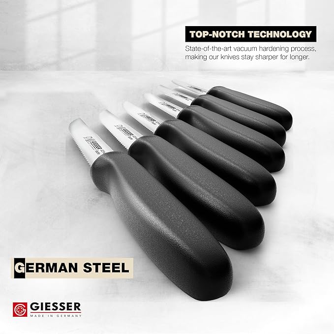 Giesser since 1776, Made In Germany, Steak Knife set of 6, serrated tip point edge, stainless steel, black