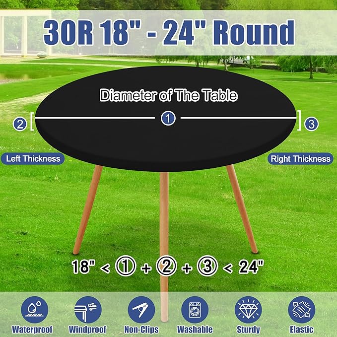 Round Spandex Tablecloth, Elastic Fitted Waterproof Tablecloths for 18"-24" Tables, Stretch Washable Picnic Table Cover for Camping, Dining, Indoor and Outdoor, Black