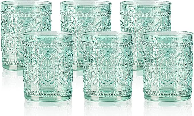 6 Pack Green Vintage Glassware Set, 10oz Textured Embossed Drinking Glasses, Colored Water Glasses, Green Glass Cups for Juice, Cocktails, Beer, Iced Tea, Soda