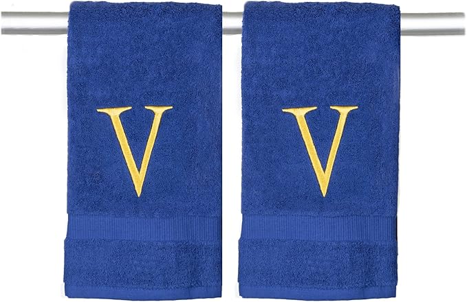 Navy Initial Hand Towel for Bathroom - Monogrammed Luxury Hotel Quality Decorative Embroidered Towel for Powder Room, Spa - GOTS Organic Certified - Pack of 2, Letter V