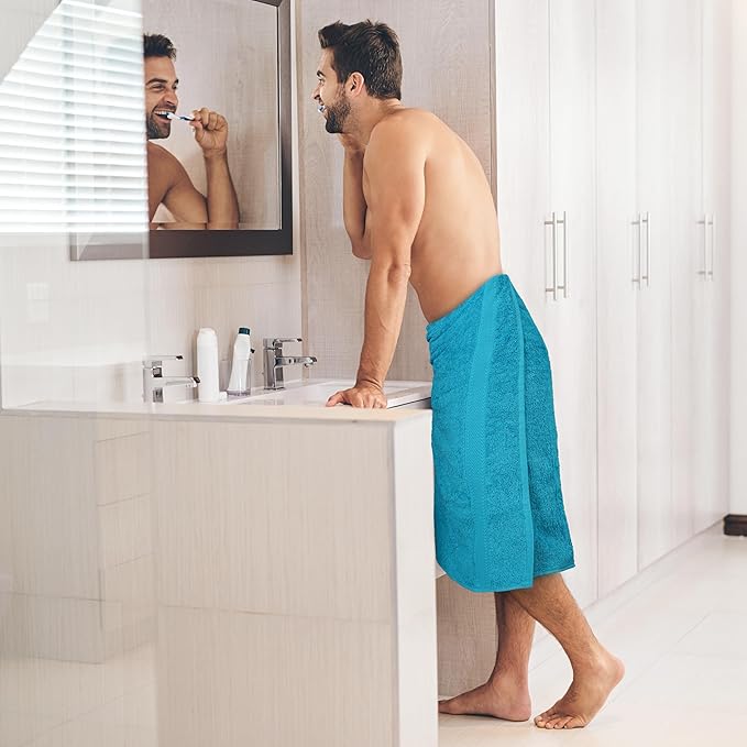 Large Bath Towels Set of 6 – 100% Cotton Terry – 24" x 50" – Quick Dry, Soft & Highly Absorbent – Teal Blue Towels for Bathroom, Gym, Spa, Pool & Daily Use