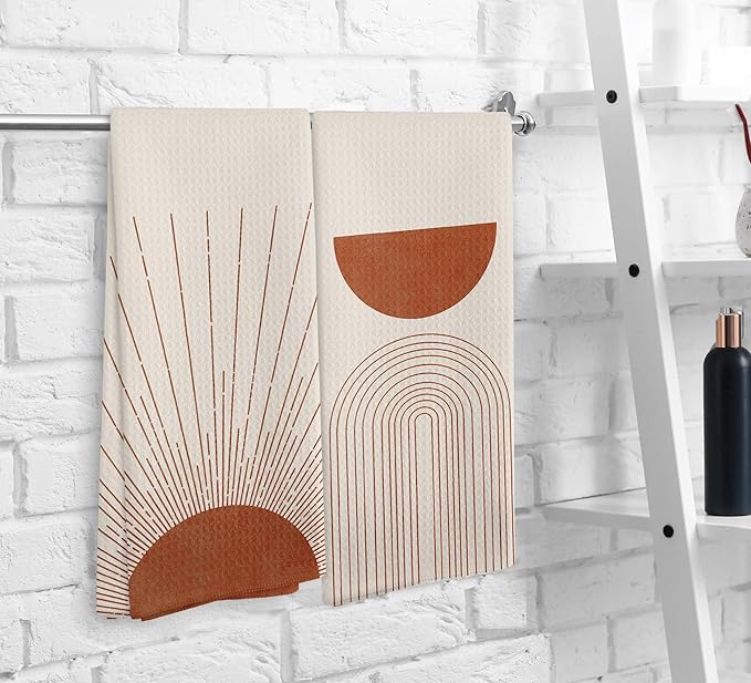 Bohemian Orange Fall Abstract Sunrise Kitchen Towels and Dishcloths Set of 2, Bohemian Sun Decorative Towels, Fall Moon Line Drying Cloth Hand Towels for Bathroom Kitchen Decor, 16×24 Inches