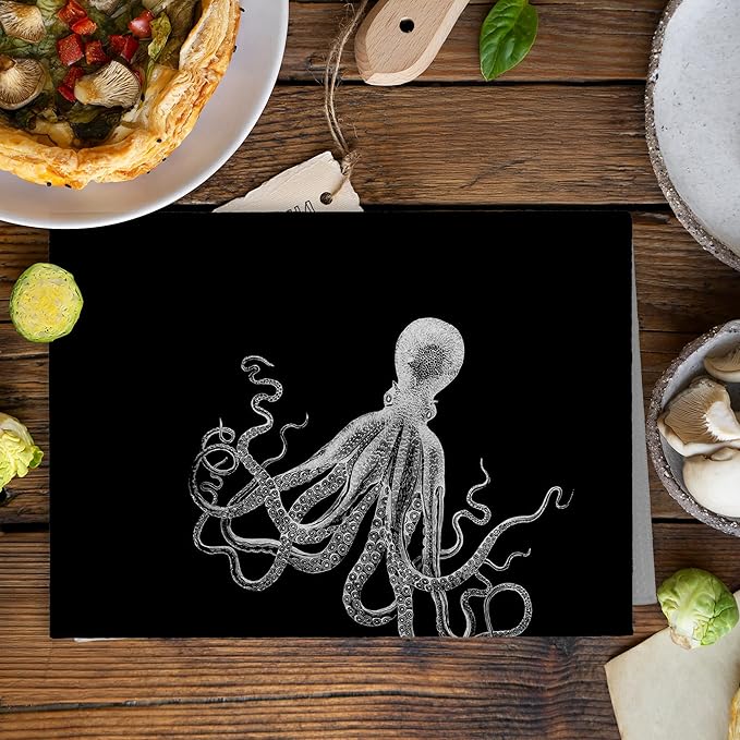 Coastal Octopus Decor Dish Hand Tea Towels for Bathroom Kitchen, Octopus Ocean Nautical Beachy Bathroom Decor, Black and White Coastal Nautical Kitchen Towels and Dishcloths Sets of 2,16x24In