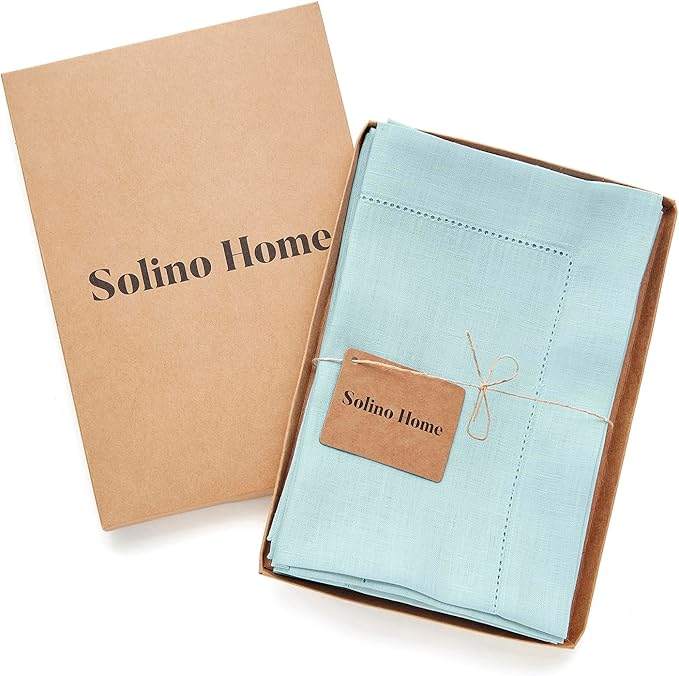 Solino Home Aqua Blue Linen Napkins Set of 4-100% Pure Linen Hemstitch Dinner Napkins 20 x 20 Inch for Winter - Classic Hemstitch