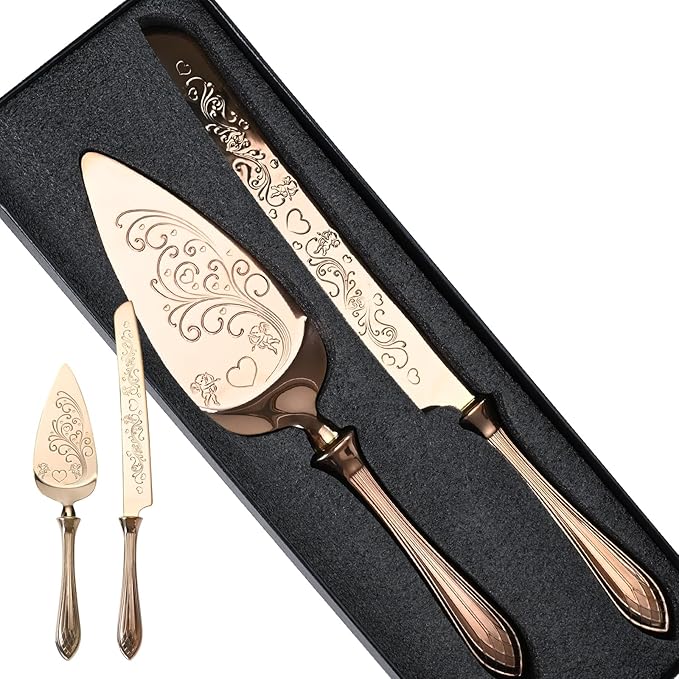 KSENDALO Wedding Cake Knife and Server Set Rose Gold Cake Cutting Set for Wedding, Deluxy SUS304 Stainless Steel Knife and Cake Server Set for Weddings, Birthdays & Anniversary(13.78inch Long)