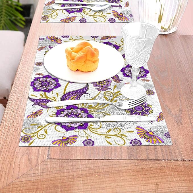 Boho Floral Placemats Set of 4 Linen Washable Non-Slip Heat-Resistant Purple Kitchen Table Mats for Dining Outdoor Party Home Decor 12x18 Inch Flower Decorative Place Mats