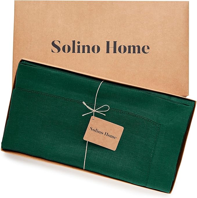 Solino Home Linen Tablecloth for Rectangle Tables 60 x 132 Inch - Classic Hemstitch 100% Pure Linen Rainforest Green Table Cloth - Machine Washable Cloth Tablecloth for Winter