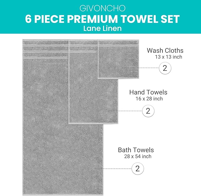 6-Piece 600 GSM Turkish Cotton Towel Set – Luxury Soft & Absorbent Bath Towels, Hand Towels & Washcloths – Premium Bathroom Essentials for Home, Guest Bath & Apartments