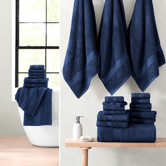 LANE LINEN 24 PCs Bath Towel Set - 2 Bath Sheets, 4 Bath Towels, 4 Fingertip, 8 Washcloths, 6 Hand Towels - 100% Ring Spun Cotton - Highly Absorbent Towels for Bathroom, Gym, Hotel & Spa - Navy Blue